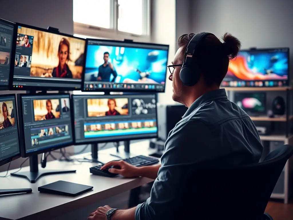 A video editor working on a post-production project, showcasing the use of advanced software and techniques to enhance video quality.