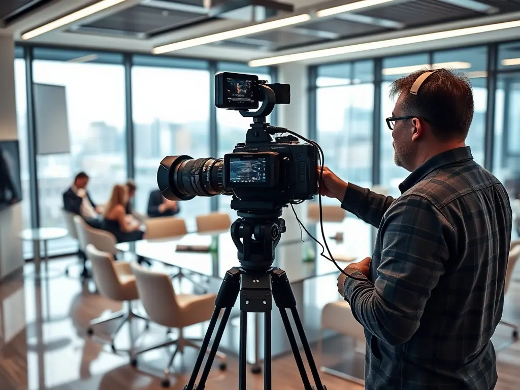 A professional videographer filming a corporate video in a modern office setting, showcasing high-quality equipment and skilled techniques.
