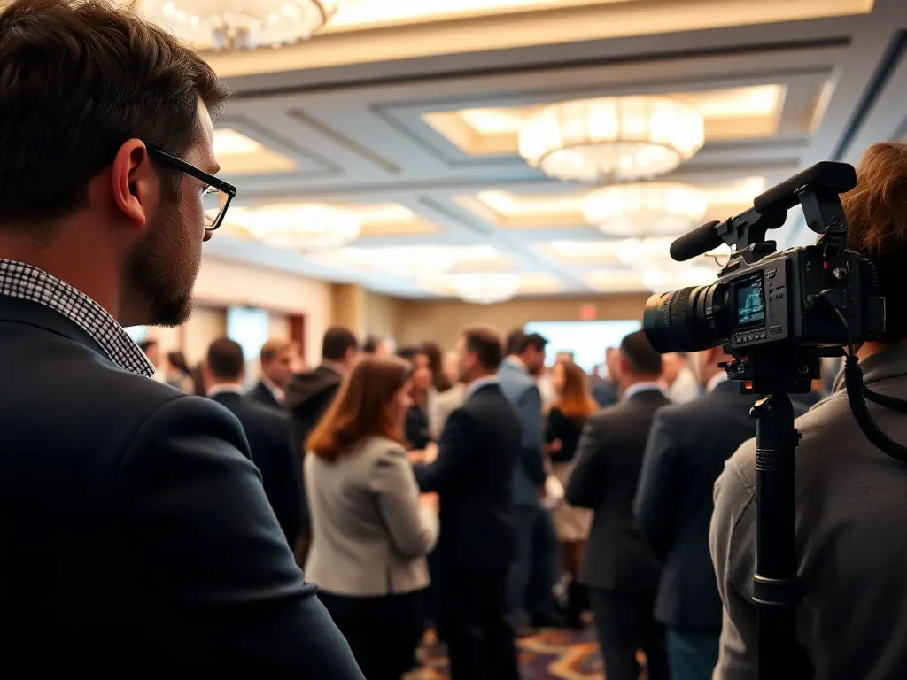 A photographer capturing a candid moment at a corporate event, highlighting the ability to document key moments with artistic flair.